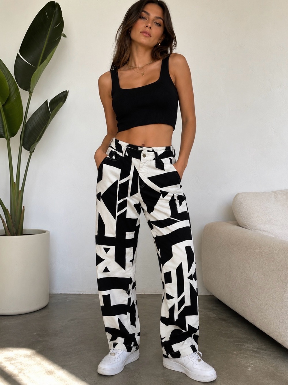 Boston Proper Black & White Wide Leg Graphic Print Pants